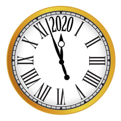 2020 New Year gold classic clock on white background.