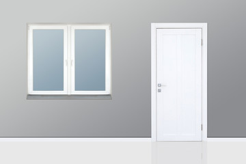 Close up of closed wooden door in the empty room with copy space blank window