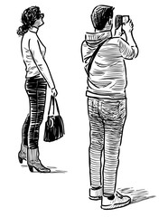 Sketch of citizens couple on excursion taking picture on smartphone