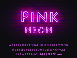 bold pink neon font. letters, numerals, signs, symbols and icons for advertising and web design