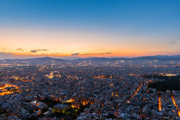 View over the Athens at dusk from Lycabettus hill, Greece.