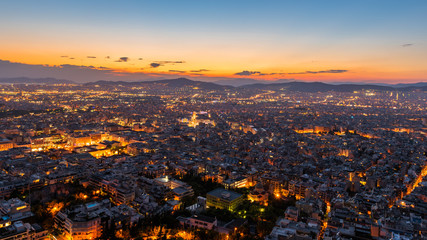 Fototapeta na wymiar View over the Athens at night from Lycabettus hill, Greece.