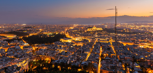 View over the Athens at night from Lycabettus hill, Greece.