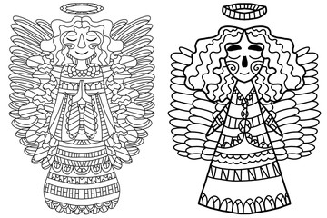 Stylized angels coloring page for adults. Detailed illustration for winter holidays. One of a series.