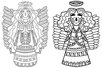 Two smiling happy angels coloring book page. Christmas and new year mood outline illustration. One of a series.
