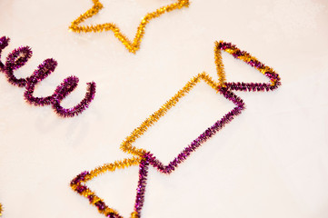 home decor. happy new year. merry christmas. winter shopping time. birthday party. festive christmas background from tinsel. xmas decorative toys. decor toy shop. handmade decoration. diy decoration