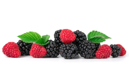Raspberry and blackberry isolated on white background.