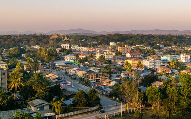 Burmese town of Loikaw at sunset seen from the emblematic Taung Kwe Zayde temple.
