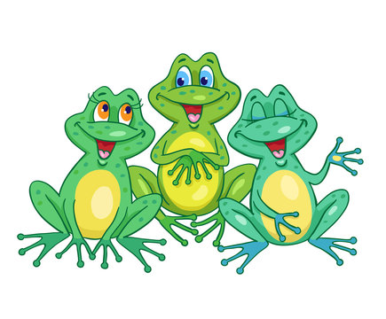 Frogs choir. Three funny frogs sing sitting on a meadow. In cartoon style, isolated on white background. Vector illustration.