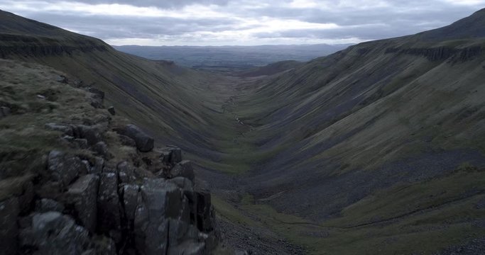 Aerial shot of rocky terrain and valley called high cup gill in Cumbria, England.