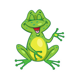 Funny frog croaks sitting on the meadow. In cartoon style, isolated on white background. Vector illustration.