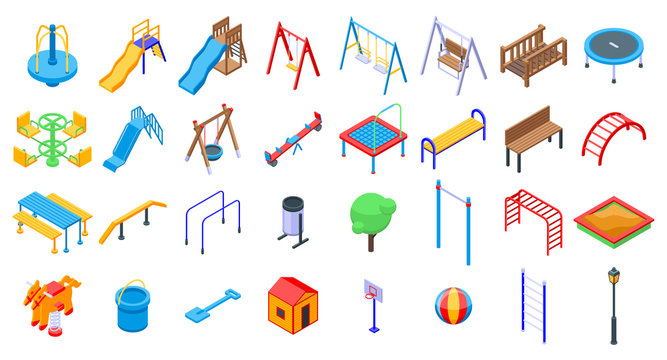 Kid playground icons set. Isometric set of kid playground vector icons for web design isolated on white background