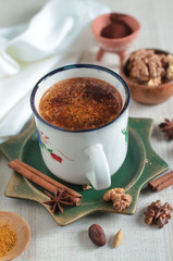 Rich winter hot chocolate with cinnamon sticks and spices