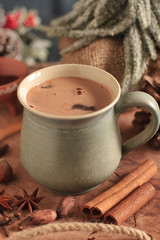 Rich winter hot chocolate with cinnamon sticks and spices