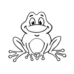 Cute frog in cartoon style, drawing in a black outline. Isolated on white background. For coloring book. Vector illustration.