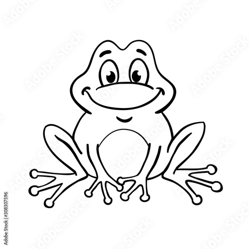 Wall mural - Cute frog in cartoon style, drawing in a black outline. Isolated on white background. For coloring book. Vector illustration. -  Preview
