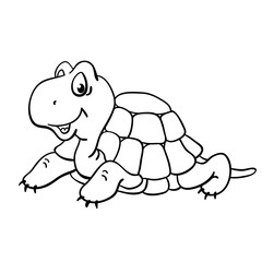 Cute turtle in cartoon style, drawing in a black outline. Isolated on white background. For coloring book. Vector illustration.