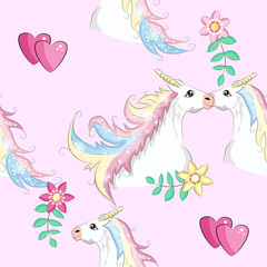 Seamless unicorn pattern. Magic background with cute unicorns, clouds and stars.