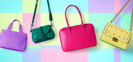 Colourful fashion purses. Many handbags. Shopping image 
