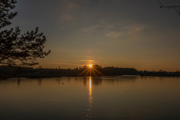 Rouda and Olesnicky novy pond in sunset time in winter evening