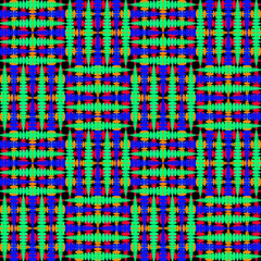 Strict green tiles of intersecting red squares and blue curly rhombuses.