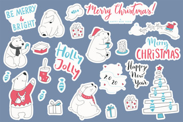 Set of christmas stickers of polar bears. Cartoon collection with cute bears and hand draw lettering Merry Christmas.