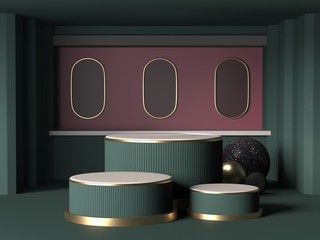 3d background render image of geometric podium showcase product background.dark green and red color...
