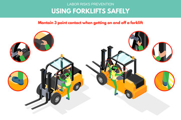 Recomendations about using forklifts safely. Mantain three points of contact when getting on and off a forklift. Labor risks prevention concept. Isometric design isolated on white background.  © insemar