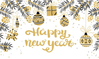 Happy New Year quote, vector text and Christmas balls for the design of greeting cards, photo overlays, prints, posters. Hand drawn letters.