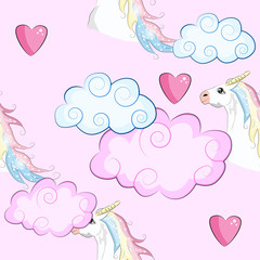 Seamless pattern with unicorn silhouette. Cute magic background. Fantasy wallpaper