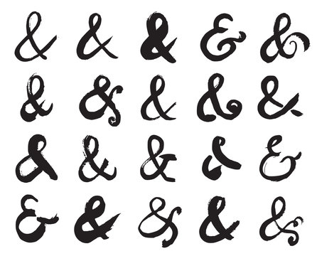 Ampersand Symbols. Collection on 20 Black Hand Painted Ampersand Signs Isolated On a White Background. Vector Illustration