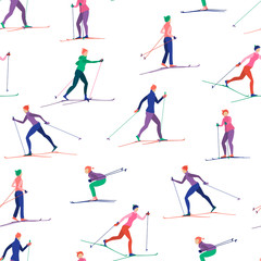 Fototapeta na wymiar Bright winter background with skiers. Cross-country skiing. Active sports in winter outdoors.