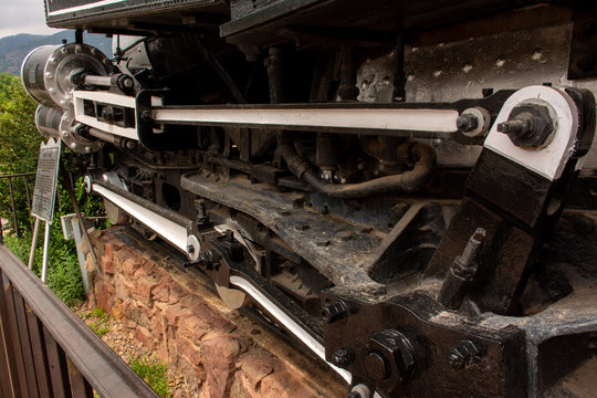 detail of Old steam train engine on display in Colorado