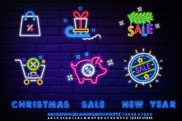 Christmas shopping neon sign set. Discount, sled, package, cart, Christmas tree, discount, gift. Vector illustration in neon style, bright banner for topics like New Year sale