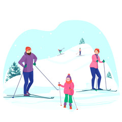 Happy family spends a weekend in the country. Mom, dad and daughter go cross-country skiing and downhill. Winter sports in the fresh air.