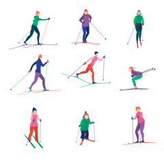 Set of bright abstract skiers. Men, women, children skiing, active winter sports.