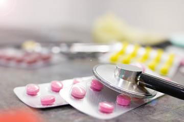 medical concept. A prescription for treatment with a drug A pharmaceutical preparation, a medicine in a container for health. Pharmacy theme, capsule pills.