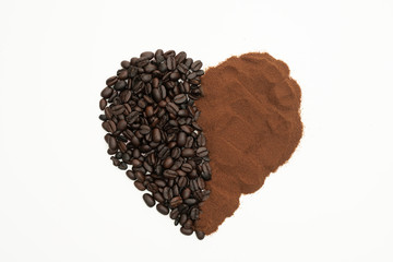 Roasted coffee beans, I love coffee, Heart with roasted coffee beans.