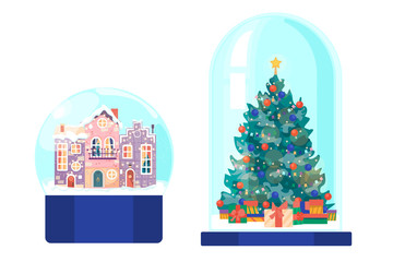 Fototapeta na wymiar Souvenir glass ball with cute houses and a glass bulb on a stand with a Christmas tree and gifts. Design element for greeting and postcard, template Happy New year and Christmas.