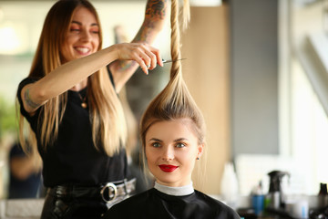 Hairdresser Cutting by Scissors Ponytail Portrait