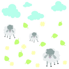 sheep among clouds of flowers and leaves of a tree. drawing on the wallpaper in the nursery. drawing for fabric. linens.