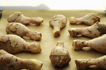 Baked chicken in the oven. Turkey legs on a baking sheet with spices baked in the oven. Snack on Thanksgiving Day.