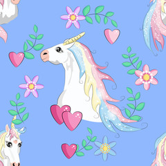 Seamless unicorn pattern. Magic background with cute unicorns, clouds and stars.