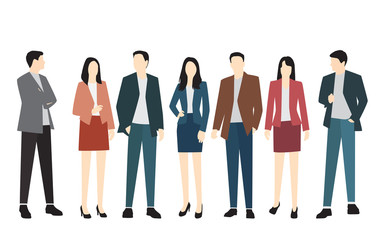 Obraz premium Set of silhouettes of men and women in business suits of different colors, vector cartoon character, group of standing business people, flat icon design concept isolated on white background