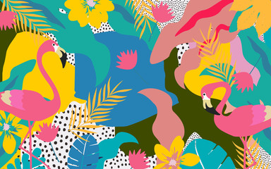 Colorful flowers and leaves poster background with flamingos vector illustration design. Exotic tropical plants art print for travel and holiday, fashion, spa and wellness, wedding and events