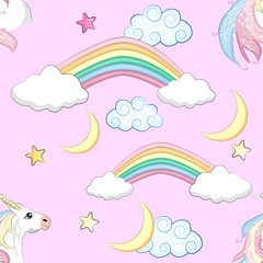 Cartoon seamless pattern. Unicorn with rainbow and clouds, designed print.