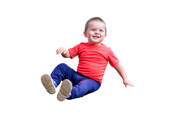 happy little baby on white isolated background, baby joyful smiling sitting. little boy sitting on the floor playing