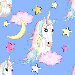 Fototapeta premium Cartoon seamless pattern. Unicorn with rainbow and clouds, designed print.