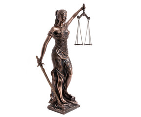 Lady Justice statue is the Greek ancient goddess Themis a symbol of justice isolated on white
