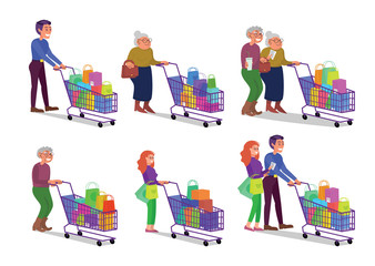 Set of caucasian adult and retired couples walking with shopping cart full of purchases. Happy smiling man and woman in shop. Flat style stock vector illustration, isolated on white background.